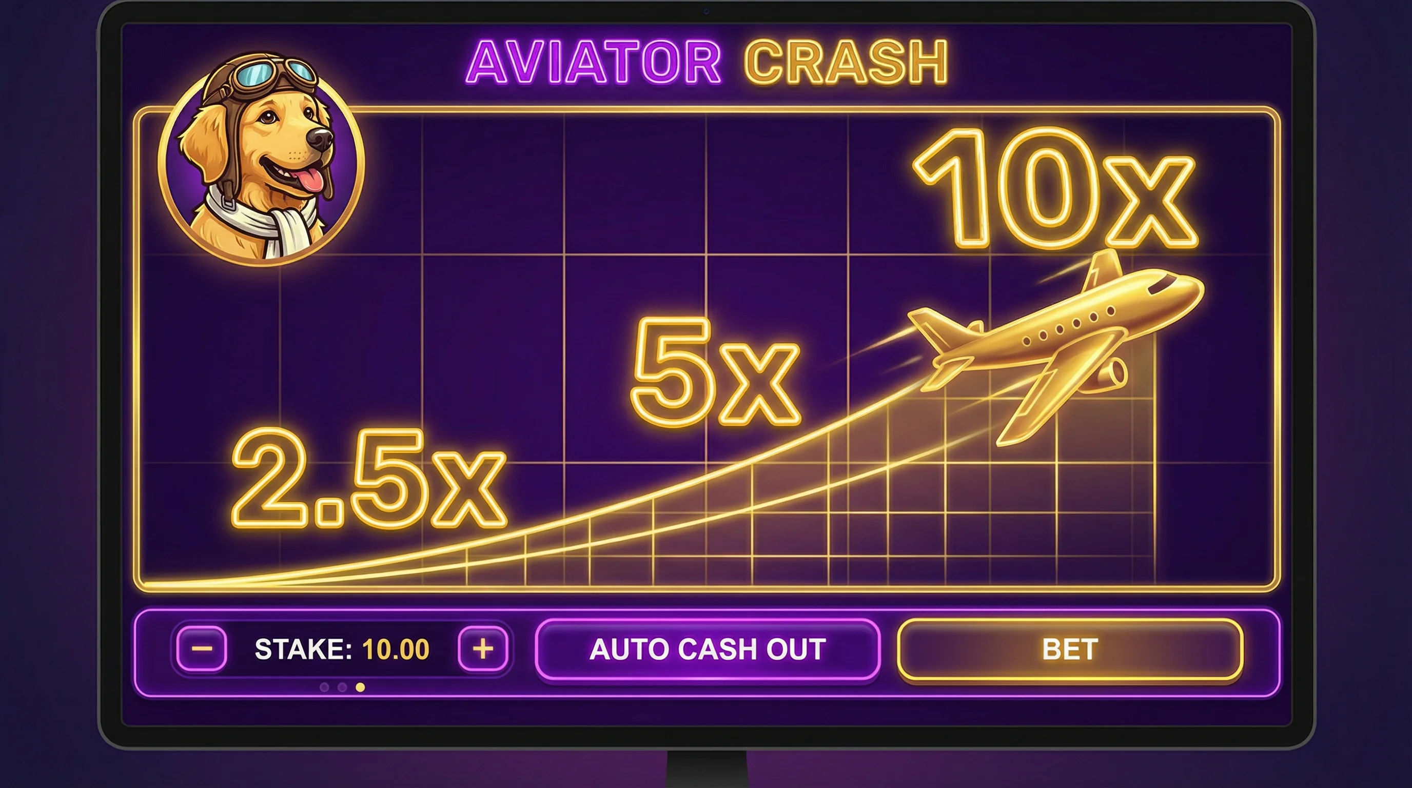 Juego Aviator Crash con avión dorado y multiplicadores