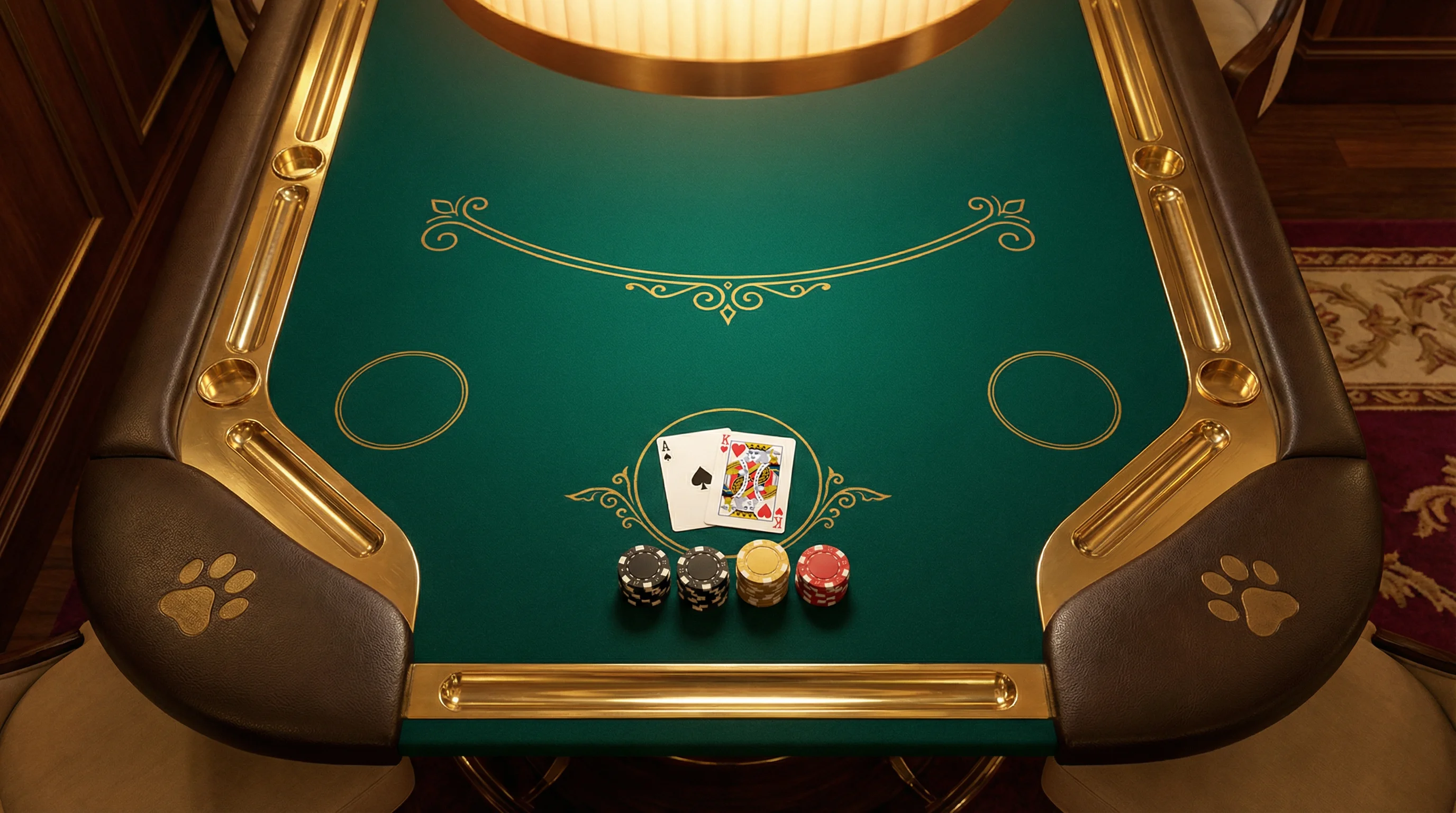 Mesa de Blackjack premium con cartas y fichas doradas