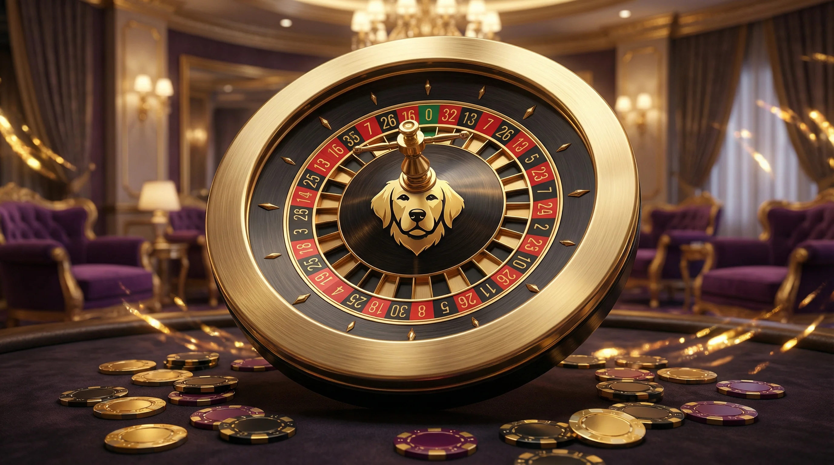 Ruleta de casino dorada con tema de perro dorado